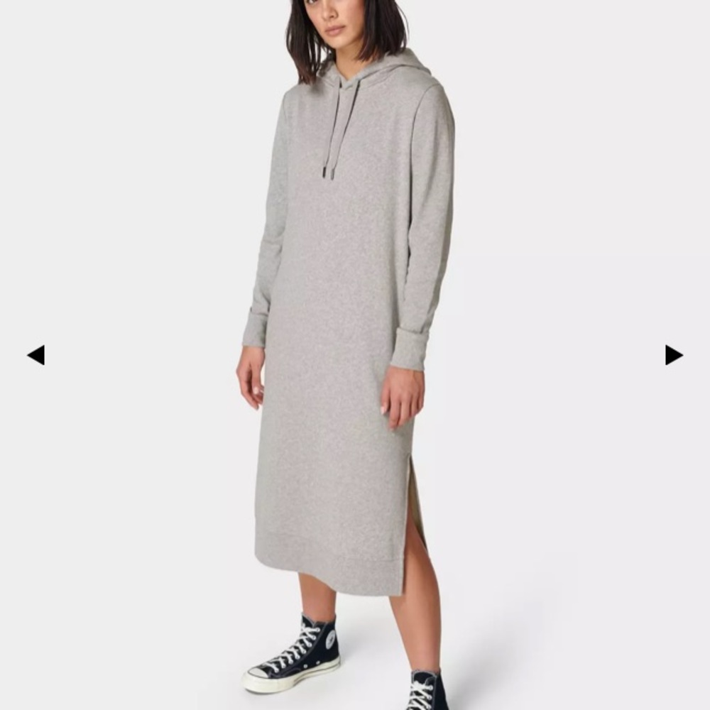 Sweaty Betty Essentials hooded marled knit grey organic cotton sweater dress